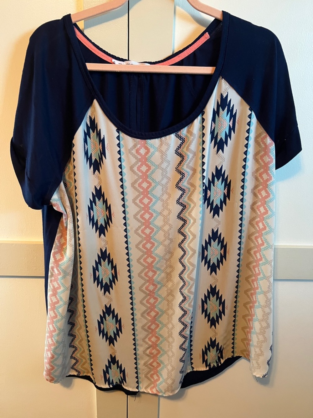 Maurices Navy and Cream Aztec Raglan Tee with Pink Accents